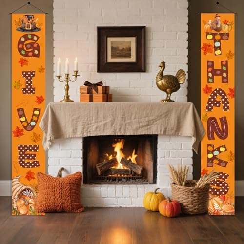 OHOME Thanksgiving Decorations - GIVE THANKS Porch Banner | Fall Decor for Indoor Outdoor Outside - Friendsgiving Party Decorations Autumn Pumpkin Welcome Door Sign for Home Yard Wall - Image 5