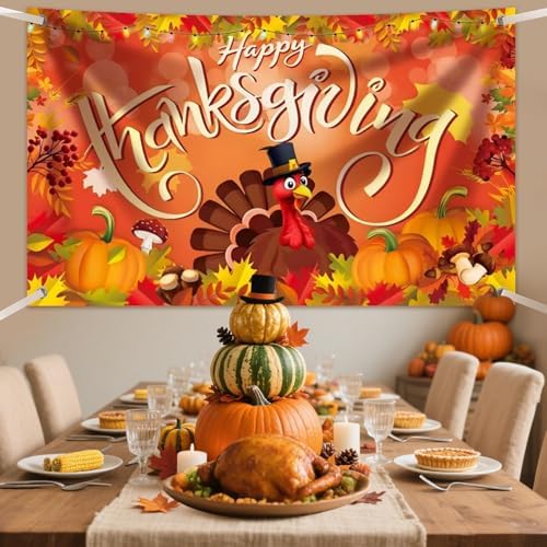 Large Happy Thanksgiving Banner Decorations - 72x44 Inch Thanksgiving Sign Outdoor with Turkey, Pumpkins and Maple Leaf for Yard, Porch, Home, Indoor Party Gifts & Photo Booth Backdrop - Image 7