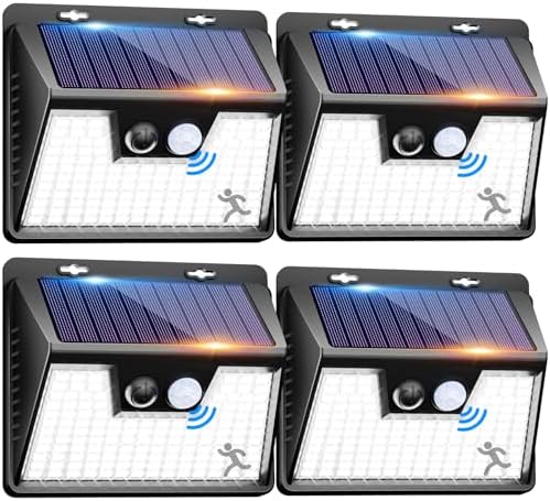 Peasur Solar Lights Outdoor Waterproof, 4 Pack 140LED Motion Sensor Light, 3 Modes Solar Powered Fence Security Lights for Patio Step Deck House Outside(Cool White) by Peasur