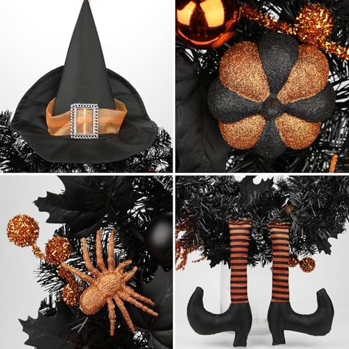 Halloween Wreath for Front Door 20" Tinsel Black Witch Wreath with Hat Legs and Orange Pumpkin for Fall Autumn Indoor Window Door Thanksgiving Halloween Decorations - Image 3