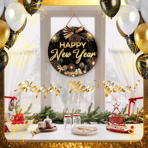 Moucuny Happy New Year Front Door Sign Black Gold Wreaths New Year Wooden Hanging Welcome Door Hanger Sign Farmhouse Decor for Home Front Porch Decor - Image 6