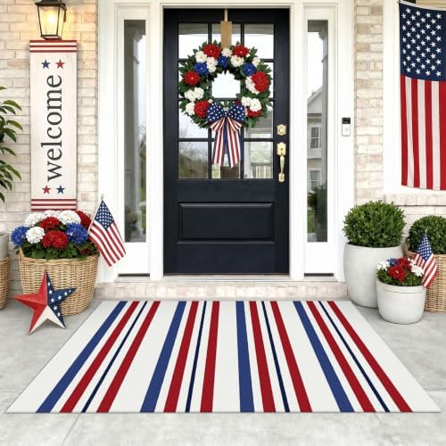 KOZYFLY 250th Anniversary Patriotic 3x5 ft Striped Rug, Blue Red White by KOZYFLY