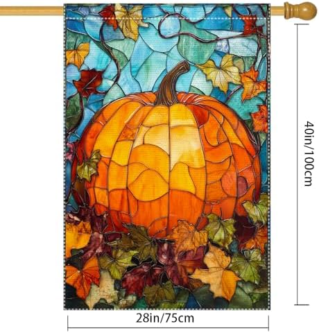 Fall Garden Flag For Outdoor Decor Thanksgiving Garden Flags Autumn Stained Glass Pumpkin Maple Leaf Double Sided Small Burlap Outside Porch Lawn Yard Flags Decorations 28X40 Inch - Image 3