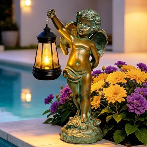 Solar Angel Garden Statues, Outdoor Angel Solar Hanging Lights Waterproof, Birthday Gifts for Mom Women Mother's Day, Cupid Boy Garden Figurines for Yard Decor Patio Porch Lawn Ornaments by stadeco
