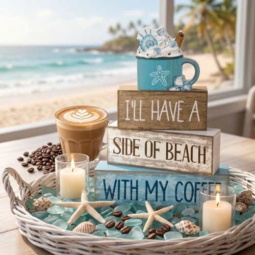 Lineshading 4 Pcs Beach Coastal Wooden Block Signs with Coffee Cup Summer - Image 4