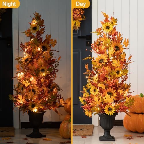 Glitzhome 4FT Lighted Maple Tree, Artificial Fall Autumn Porch Tree with 20 Warm White LEDs & Timer for Autumn Fall Harvest Thanksgiving Christmas Decoration - Image 4