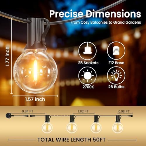 Outdoor String Lights 50FT,G40 25+1 Bulbs String Lights for Outside - 2700K Warm White, 25000H Long Life, IP45 Waterproof & Shatterproof, Mains Powered Garden Lights for Gazebo/Patio - Image 6