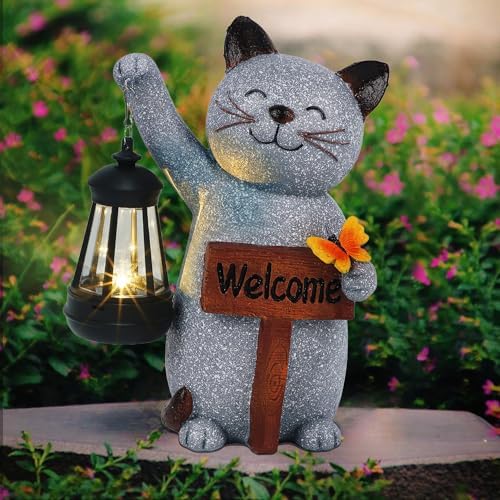 Juegoal Garden Statue Solar Cat Figurine with LED Lantern, Mothers Day 10" Resin Kitten Hold Welcome Sign, Outdoor Whimsical Lawn Porch, Lighted Housewarming Birthday for Mom Grandma by Juegoal