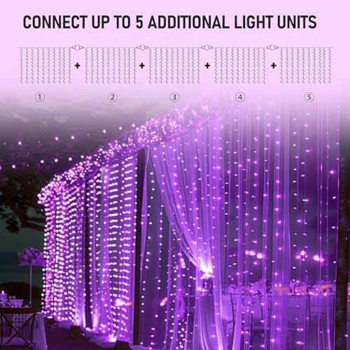 Dazzle Bright 300 LED Christmas Curtain String Lights, Halloween Fairy Lights for Bedroom with 8 Lighting Modes, Waterproof Window Light Party Wedding Garden Wall Decor, Purple - Image 4