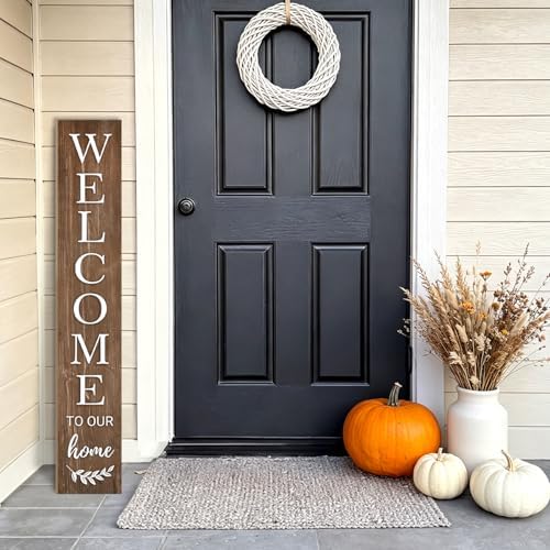 Fall Welcome Sign for Front Door, 47'' Brown Wooden Porch Sign Large Warm Greeting Door Sign Farmhouse Vertical Porch Sign Autumn Rustic Standing Welcome Yard Signs for Patio Outdoor - Image 4