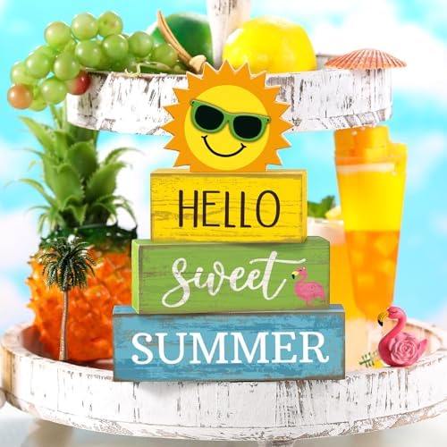 Yuntau 4 Pcs Summer Tiered Tray Decor Hello Sweet Summer Wood Block Signs - Image 3