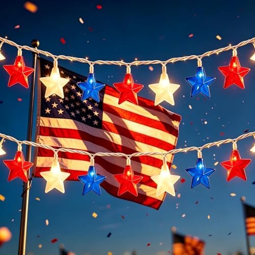 10 LED Red White Blue Star String Lights Outdoor, 8.5Ft 4th of July Decorations Lights Waterproof, Connectable Plug in Patriotic Star Fairy Lights for Home Patio Independence Day Memorial Day Flag Day by Kivonfa