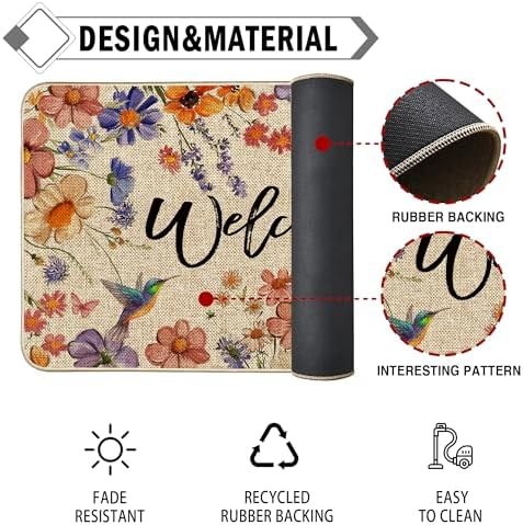 Wildflower Welcome Doormat 17"x36", Flower Spring Door Mat Indoor Entrance, Indoor Front Door mat, Non Slip Outdoor Entrance Mats, Low Profile Design Patio Porch Entryway Mats - Image 6
