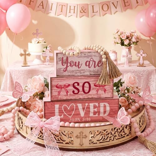 Yuntau 4 Pcs Pink Christian Table Decor Wooden Bow Decor Blocks Sign - Image 5