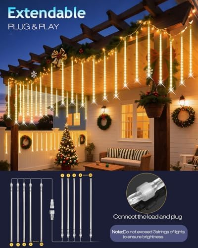 PEMOTech Christmas Lights Outdoor,24 Tubes 30cm 576 Led Meteor Shower Lights, Waterproof Christmas Decorations Icicle Light for Xmas Tree Halloween Party, Ul Plug,Warm White - Image 5