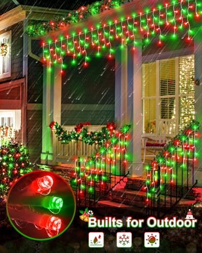 Christmas Lights Outdoor Red Green, 53 FT 486 LED Christmas Lights for Outside, Timer & Memory, Plug in 8 Modes Hanging Fairy Light with 108 Drops for House Eaves Yard Patio Decorations - Image 5