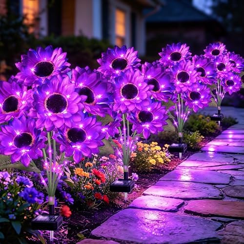 VOOKRY Solar Garden Lights Outdoor, 4 Pack Purple Sunflower Lights with 24 Flowers, Waterproof Summer Garden Decor Solar Flowers for Yard Backyard Patio Flowerbed Yard, Gift for Mom Women by VOOKRY