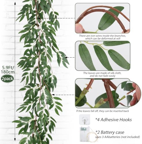RECUTMS 2P Artificial Hanging Silk Willow Leaves Ivy Vine with Light 5.9Ft - Image 3