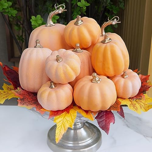 Winlyn 10 Pcs Assorted Artificial Orange Pumpkins Decorative Pumpkins Faux Light Orange Pumpkins Foam Pumpkins for Fall Harvest Autumn Wedding Thanksgiving Halloween Table Centerpiece Mantel Décor - Image 6