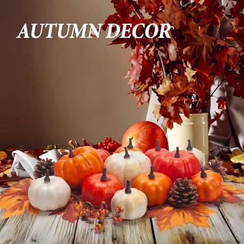 Pumpkin Decor Set, 22 PCS Fall Harvest Decorations - Orange Artificial Pumpkins, Pine Cones, Berries, Maple Leaves for Bowl Filler Tiered Tray Thanksgiving Halloween Baby Shower Wedding Wreath - Image 2