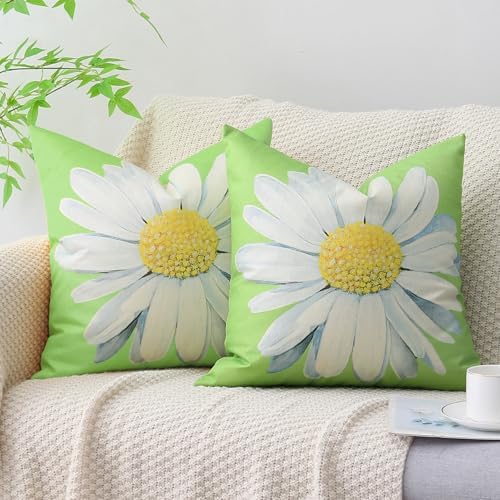 Spring Summer Outdoor Waterproof Pillow Covers 18 x 18 Inch Set of 2 Green Daisy Flower Decorative Cushion Cases for Sofa Couch Garden Patio - Image 2