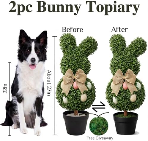 PATIO CHOICE Bunny Topiary Set of 2 UV-Resistant Faux Topiary with Pot Easter Bunny Shaped Decorations for Home Front Porch Outside Garden Decor Indoor - Image 2