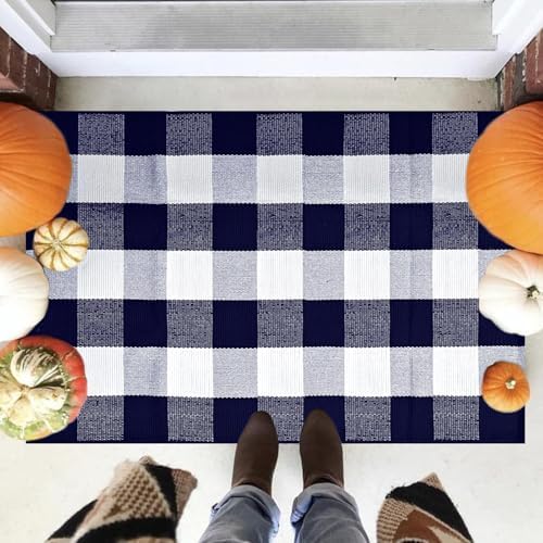 Buffalo Plaid Rug 28 x 43 Inches Fall Outdoor Front Door Decor Mat, Cotton Washable Hand-Woven Rug for Layered Doormat, Autumn Halloween Thanksgiving Carpet for Porch (Navy Blue and White Plaid) - Image 6
