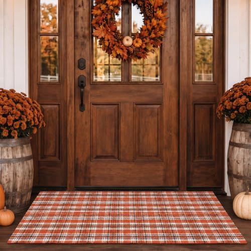 Breling Fall Outdoor Rug Rust Orange Plaid Porch Doormat by Breling