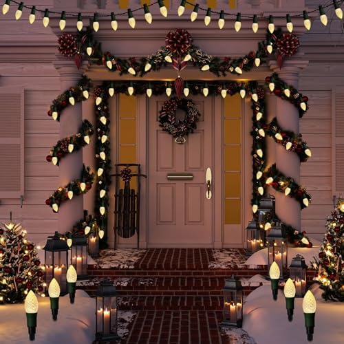 Huacenmy Solar Christmas Pathway Lights Outdoor, 20 LED C9 With 20 Stakes, 23FT Decorations Strawberry String for Roof Yard Patio Walkway Driveway, Warm White - Image 5