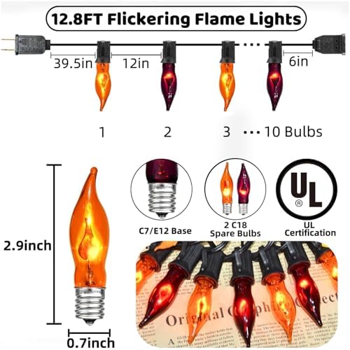 PASUTO Orange and Purple Halloween Lights - Flickering Flame String Lights, 12.8Ft Indoor Outdoor Halloween Lights C7 Retro Flame String Lights, Ideal for Fall Halloweens Decorations for Home Party - Image 2
