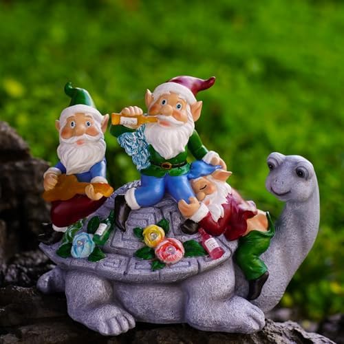 Upgraded Size Solar Garden Outdoor Statues Gnome Turtle Three Gnomes Having Party on Turtle with 7 LED Lawn Decor Outside Decorations for Patio, Balcony, Yard Ornament Unique Garden Gift by NATASE