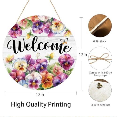 Welcome Spring Sign for Front Door, Spring Viola Tricolor Wooden Sign front Porch Decor, Seasonal Floral Wooden Hanging Decor for Home Outdoor Indoor - Image 2