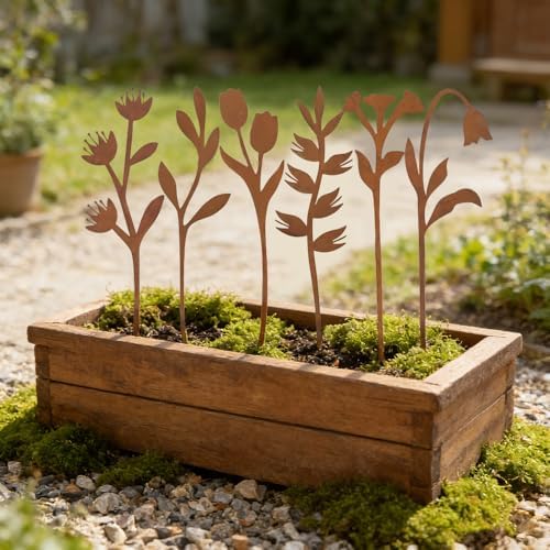 hogardeck Garden Decor for Outside, 6 Pcs Rusty Metal Flower Garden Stakes with Fern Leaf Design for Outdoor Yard Art, Rustic Plant Stakes for Flower Bed, Pot, Vase - Image 3