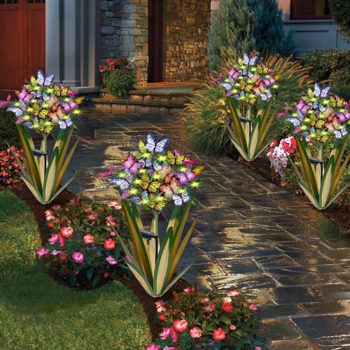 Homight Solar Metal Agave Butterfly Flower Stick Garden Sculpture Outdoor Gift Solar Garden Christmas Lights Swaying Butterfly Garden Lights Solar Outdoor (2 PCS Light Green) - Image 3
