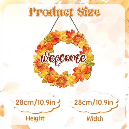 Harooni Welcome Fall Front Door Sign Fall Leaves Pumpkins Door Decorations Wood Sign Autumn Harvest Wreath Door Hanger Farmhouse Fall Plaques Wall Hanging Decoration for Home Proch Yard 11"x11" - Image 2