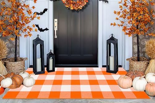 Fall Front Porch Rug 24"x51",Orange and White Halloween Outdoor Rug by BUAGETUP