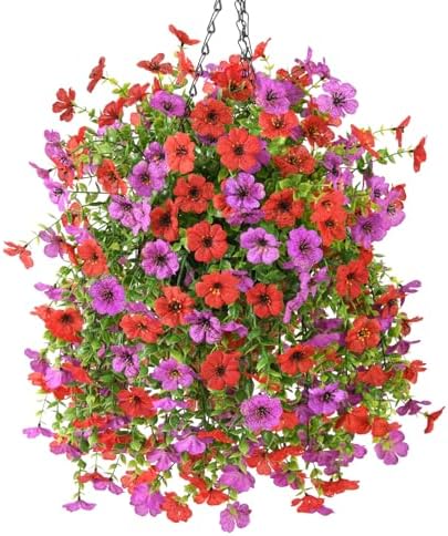 INQCMY Artificial Hanging Flowers with Basket for Spring Outdoor Decoration 3 Bunches of Silk Daisy Flower Uv Resistant for Garden Porch Patio Balcony Yard Decor (Red Purple) by INQCMYPlantRack
