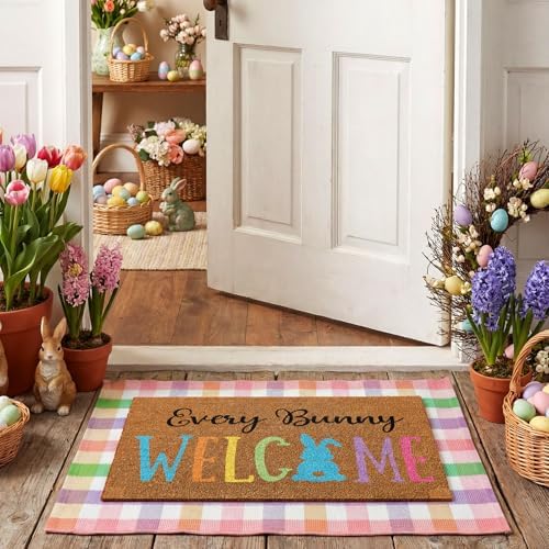 Duraaamo 2 Pcs Easter Coir Doormat Outdoor Rug Bunny Rabbits Welcome Door Mat Layered Buffalo Plaid Colorful Checkered Rug Coir Easter Mat for Outdoor Front Porch Entryway Decor - Image 2