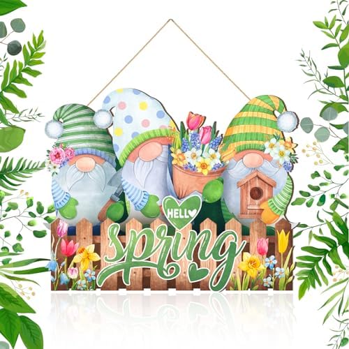 Barydat Spring Door Sign Tulip Gnome Wreath for Front Door Wreath Truck Gnome Welcome Hanger Wooded Hanging Wall Sign for Home Summer(Gnome) by home