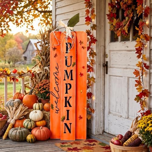 Weysat Fall Pumpkin Porch Sign Thanksgiving Autumn Wooden Welcome Sign Decor for Front Porch Vertical Standing Welcome Decor for Patio Front Door Home Party Wall Yard Farmhouse Outdoor 35 x 12 Inch by Weysat