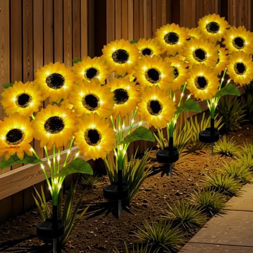 MorTime 4 Pack Solar Sunflower Lights, Outdoor Garden Waterproof Solar Lights with 24 Sunflower Lights for Patio Garden Backyard Holiday Yard Party Wedding Outdoor Spring Decor by MorTime