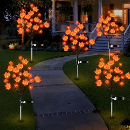 2 Pack Fall Decor Thanksgiving Decorations Lights Solar Lights Outdoor with 3D Maple Pumpkin, 8 Modes Fall Thanksgiving Lights Outdoor Solar Lights Waterproof for Yard Decor - Image 4