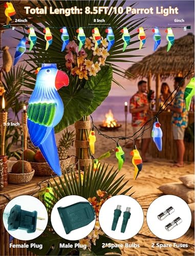 Outdoor Tropical Parrot String Lights Plug in, 8.5Ft Outdoor Hawaiian Decorative Patio String Lights with 10 Colorful Parrot Lights, Hanging Novelty Bird Lights for Deck Backyard Trees Stair Party - Image 2