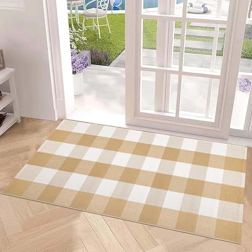 Khaki White Checkered Outdoor Rug 24"x51"Cotton Washable Farmhouse Doormat - Image 6