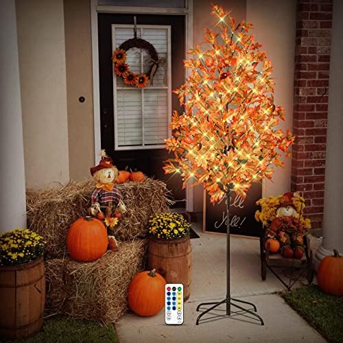 6FT 144 LED Lighted Maple Tree - Thanksgiving Decor Artificial Fall Tree, 288 Leaves 4 Acorns 4 Pumpkin, Remote 8 Flashing Modes, Timing, DC 5V Safe for Indoor Outdoor Wedding Party Autumn Decor - Image 2