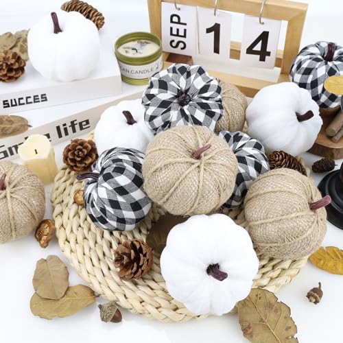 SITUMEIZI 12 Pcs Pumpkins Fake Harvest Velvet Pumpkin White Black Small Faux Fabric Foam Pumpkin for Fall Decor Wedding Thanksgiving Halloween Home Farmhouse Decoration(Burlap) - Image 5