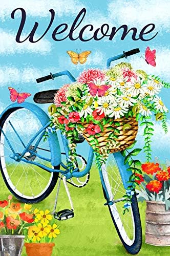 Texupday Welcome Blue Bicycle Flower Blooms Butterfly Decoration Spring Garden Flag Outdoor Yard Flag 12" x 18" by Texupday