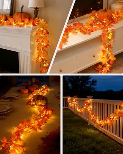 Luditek 9.8FT 60LED Fall Garland with Lights, 8 Lighting Modes, Battery Powered Maple Leaves String Lights, Fall Decorations for Autumn, Thanksgiving, Halloween, Home Room, Indoor Outdoor - Image 6