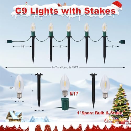 USOKYO 45Ft C9 30 Led Bulbs Christmas Pathway Lights Outdoor, Warm White Waterproof Connectable Christmas Walkway Lights for Driveway, Yard, Lawn, Sidewalk Decorations - Image 4