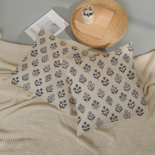 Blue Brown Pillow Covers 16x16 Inch 2 Pcs Block Print Vintage Floral Decor Throw Pillows Boho Flower Spring Summer Outdoor Seasonal Decoration Pillowcase Linen Cushion Cover for Couch Sofa - Image 5